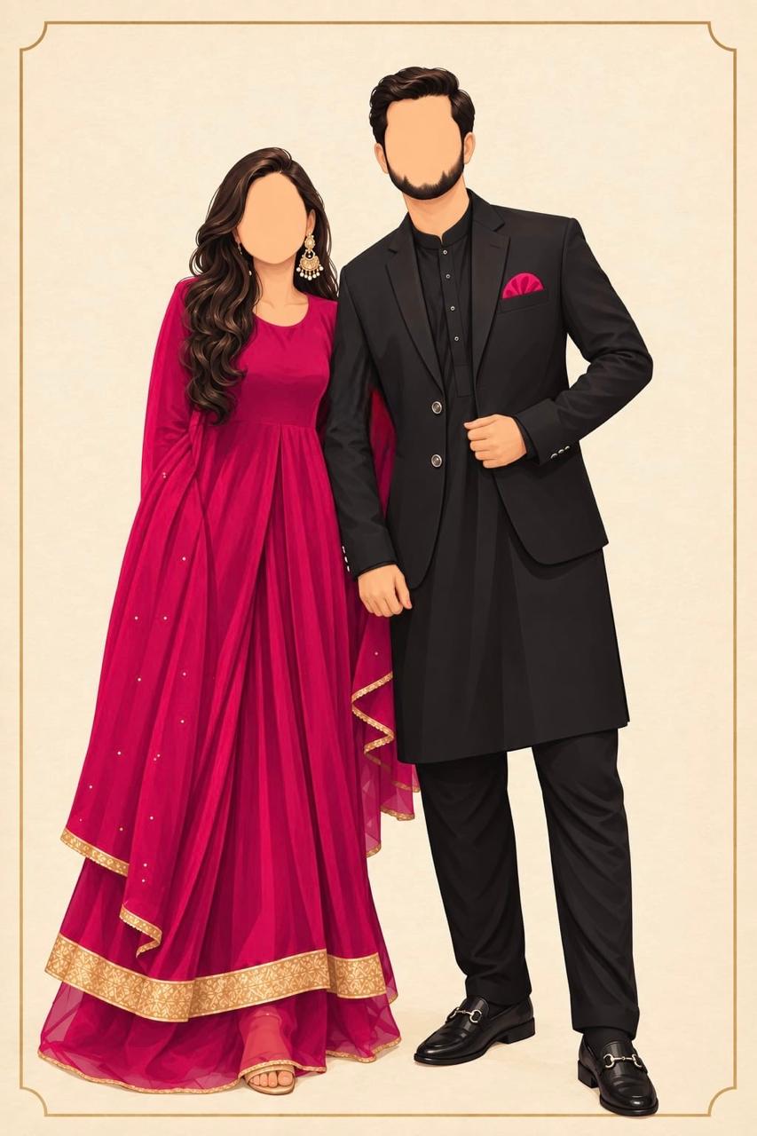 Wedding illustration for Haris and Javeria, with a bride in a magenta dress and a groom in a black sherwani